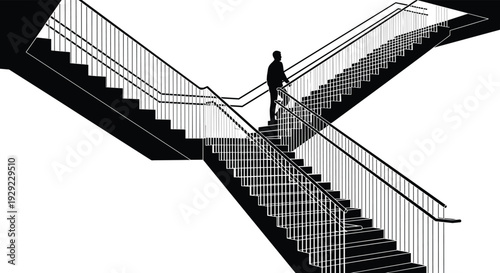 Black and white silhouette vector of a lone man walking up a modern staircase representing career success personal growth architectural design