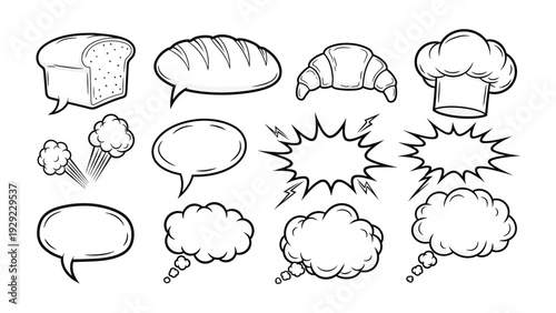 Delicious Thoughts and Culinary Elements: A collection of delightful bread forms, chef's hat, and thought bubbles evokes the essence of a bakery with this visual ensemble.