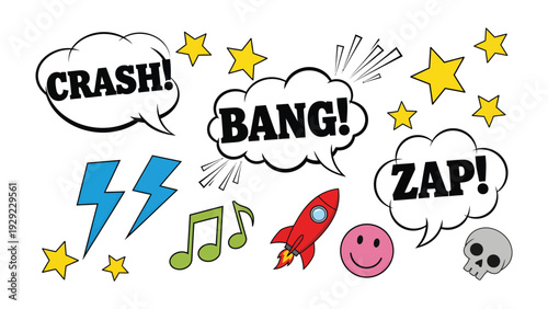 Comic Book Action Elements: A vibrant collection of comic book action elements, featuring dynamic sound effects, stars, lightning bolts, and whimsical illustrations.