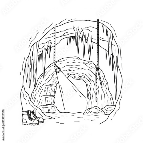 A minimalist line art illustration of a cave with a flashlight and hiking boots