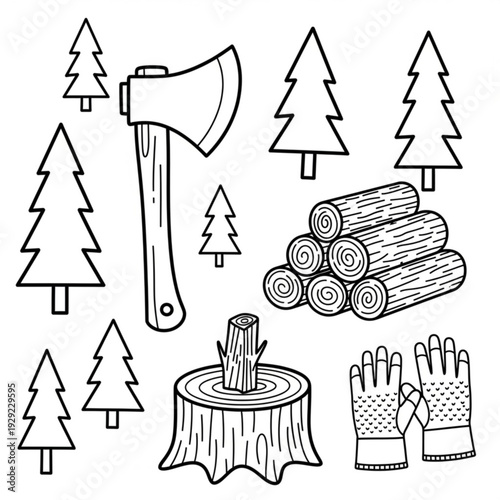 A black and white vector graphic illustration of logging tools and trees, including an axe, logs, a tree stump, gloves, and pine trees.