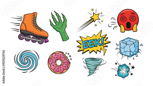 Fun Elements and Decorative: A vibrant collection of comic-style elements bursts with creativity and imagination, from a speeding roller skate to a startled emoji. Capturing imagination, creativity.