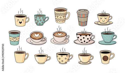 A set of colorful cartoon coffee cups and mugs on a white background