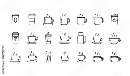 A set of minimalist coffee cup icons in a flat line art style