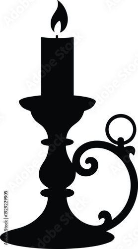 Vintage candle holder silhouette, classic candlestick with flame illustration, black and white antique candelabra design, decorative lighting symbol, isolated retro home decor icon
