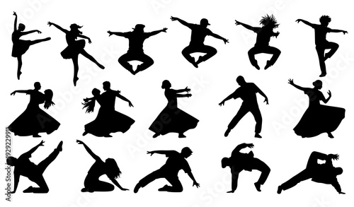 A collection of black silhouettes of people dancing in various poses