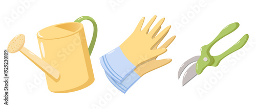 Illustration of gardening tools including yellow watering can, yellow gloves with blue cuffs, and green pruning shears with silver blades, clean vector design for educational and decorative projects