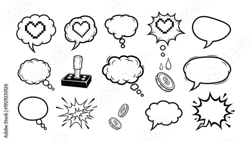 Gaming Thought Bubbles: Hand-drawn collection of thought bubbles and game-related icons. These black and white illustrations evoke thoughts and speech.
