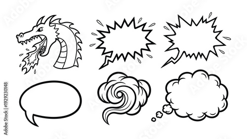 Comic Speech Bubbles with Dragon : Dynamic collection of comic speech bubbles and dragon head illustration. Perfect for storytelling, announcements, and adding visual impact to your project.