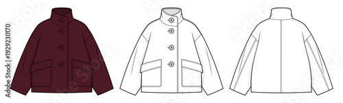 Women’s High Neck Coat Technical Fashion Illustration. Structured Button Front Jacket with Patch Pockets. Front and Back View CAD Vector Template.