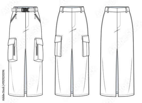 Women’s Cargo Midi Skirt Technical Fashion Illustration. Utility Pocket Skirt Front View Variation Set. Streetwear Workwear CAD Vector Template. Design manipulation 