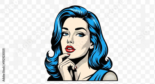 Pop art portrait of a woman with blue hair, contemplating and looking thoughtful.