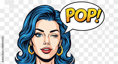 Comic book style illustration of a woman winking with a speech bubble.