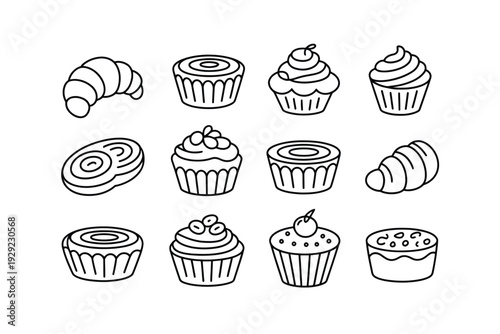Bakery icon set featuring various sweet treats and pastries illustration