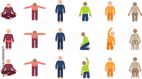 Human body posture icon set, people sitting, standing, kneeling and stretching poses, colorful flat vector illustration collection