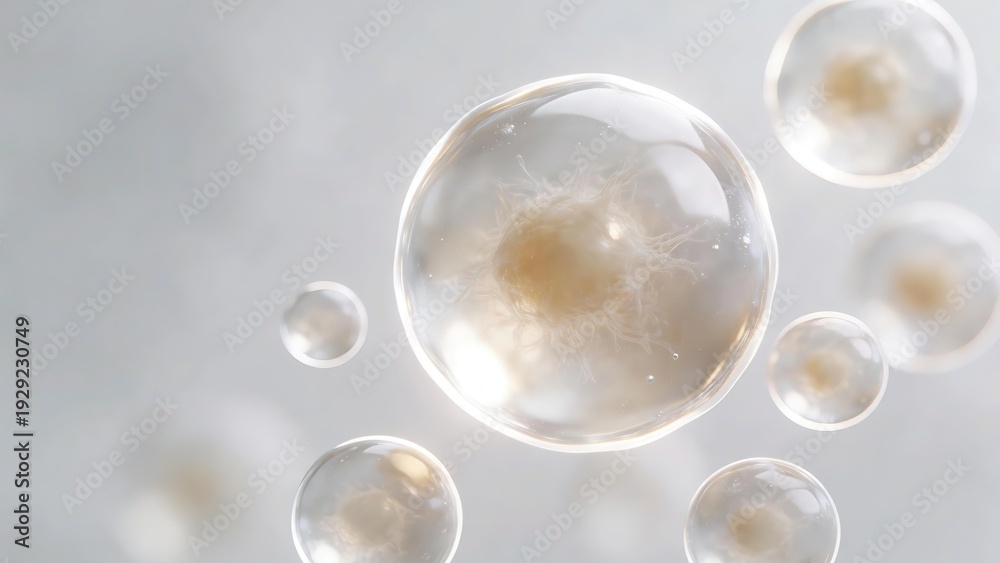 Fototapeta premium Microscopic Translucent Spherical Cell Structure, White-Gold Gradient Elastic Membrane, Shiny Particles, Luxurious Technological Feel, Redshift Render, Soft Gray Background