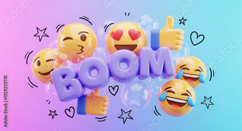 Colorful Emoji Explosion with the Word Boom, Expressing Excitement and Joy.