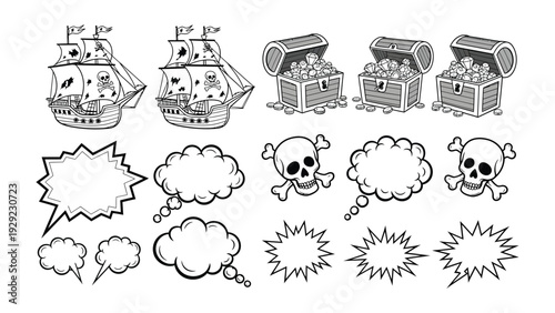 Pirate Icons: A collection of meticulously crafted, black-and-white pirate-themed illustrations, showcasing a pirate ship, treasure chests, speech bubbles, and a skull and crossbones.
