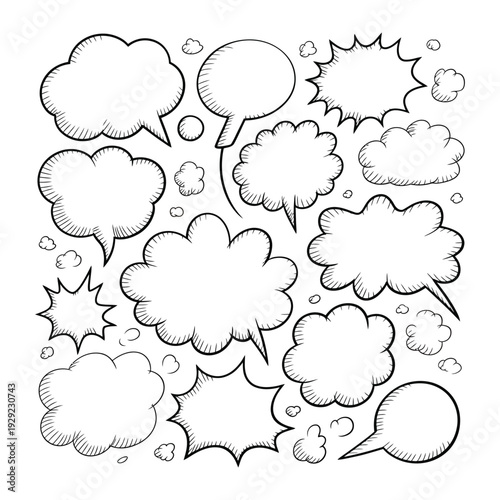 Dialogue Bubble Collection: A playful assortment of blank dialogue bubbles, perfect for adding text or conveying thoughts and speech, offering limitless creative possibilities.