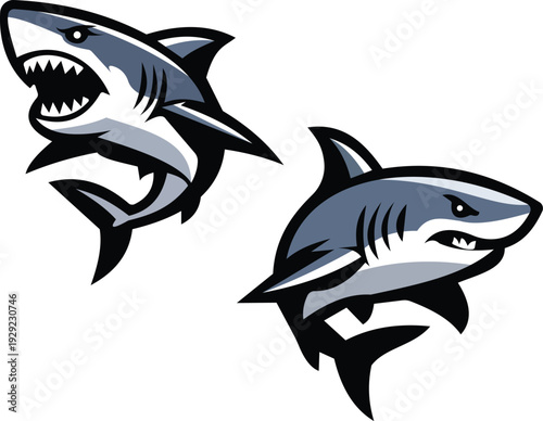 This artwork showcases two dynamic shark illustrations, each with a fierce expression and streamlined body. Their aggressive stance and sharp features render them ideal for a sports logo or branding p