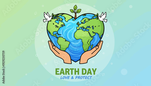 Earth Day Vector – Heart‑Shaped Planet, Hands, Sprouts, Doves, Environmental Protection Graphic