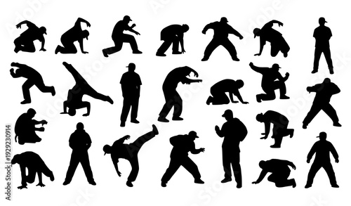 A collection of black silhouettes of people in various martial arts poses