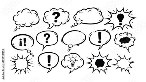 Communicative Icons: A collection of various speech bubbles, each designed to convey a range of thoughts, emotions, and ideas in a visually engaging and expressive manner.