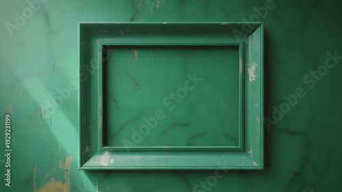 A green picture frame hanging on a green wall with a peeling paint