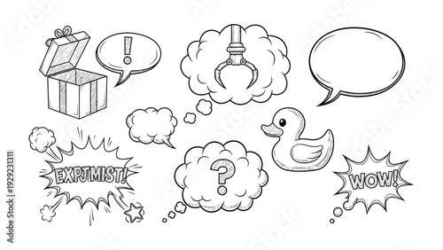 Unexpected Treasure Trove: Comic-style drawing with a gift box, question mark, duck, claw, and speech bubbles capturing the excitement and surprise of discovery.
