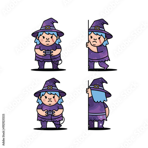 Cartoon witch character in different poses with a wand and magical device