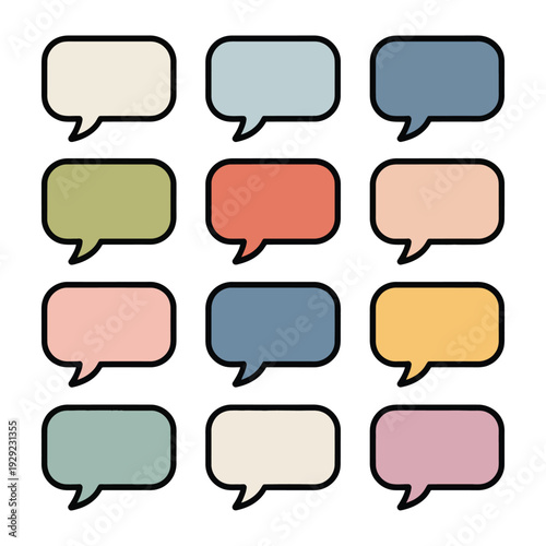 Multicolor Speech Bubbles: A collection of various colorful speech bubbles arranged in a grid, ready to convey messages or thoughts, representing communication and dialogue.