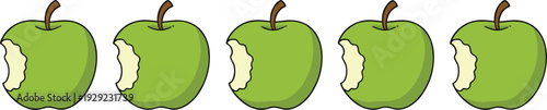 Set of Five Bitten Green Apple Icons with Realistic Details and Cartoon Style for Healthy Food Graphics, Dieting Concepts, and Fruit Designs