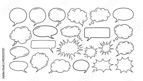 Blank Talk Bubbles: A collection of various hand-drawn, empty speech bubbles, each ready to convey thoughts, ideas, and dialogue