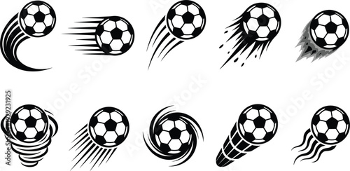 Soccer Ball Speed Motion Icons with Dynamic Trails Spin Effects and Flying Football Action Vector Collection
