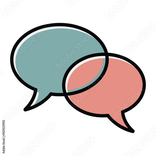 Dialogue Bubbles Icon: Intertwined speech bubbles, symbolizing a conversation, interaction, or discussion, rendered in a simple, yet engaging style.