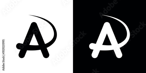 Black and white capital letter A with swoosh typography