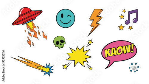 Pop Art Symbols: A collection of vibrant pop art symbols, including a UFO, winking smiley face, lightning bolt, music note, star, skull, explosion, and a KAOW! speech bubble.