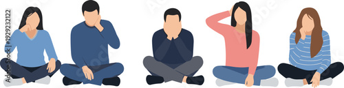 People sitting in a row expressing stress, headache, anxiety, and frustration through body language and various worried facial gestures