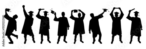 Set of silhouettes of graduate student with graduation cap  in different poses, celebrating education success. Vector illustration.