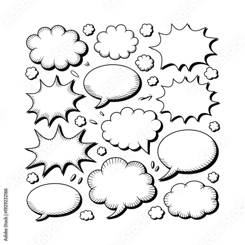 Comic Speech Bubbles: An array of handcrafted speech bubbles, each ready to convey thoughts and exclamations, adding vibrancy to communication and storytelling. 