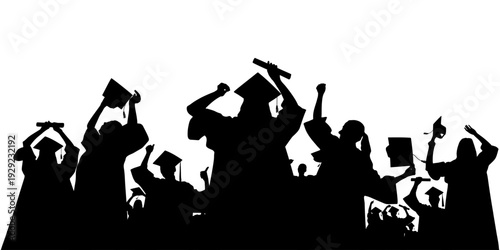 Graduating students celebrating success throwing graduation caps. Crowd of silhouettes. Vector illustration.