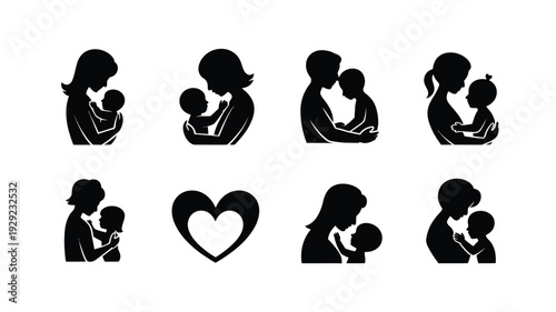 Mother's day silhouette logos featuring mother and child emotions with heart symbol on white background