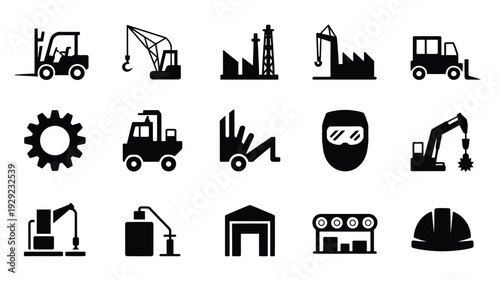 Industrial labor day silhouettes set construction and industry icons