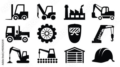 Industrial labor day silhouettes set construction equipment icons