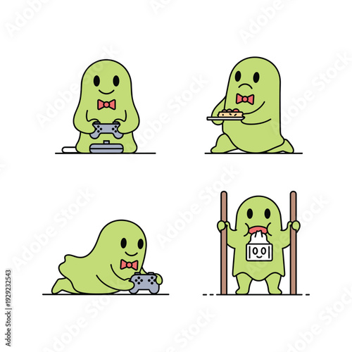 Cartoon ghost character exercising and working out with dumbbells and parallel bars in a simple style