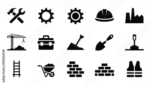 Construction icons set including tools and equipment for building and labor day celebrations in modern minimal style