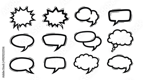Comic Speech Bubble Collection: A collection of various comic speech bubbles. Designed with distinct styles, each bubble stands ready to convey dialogue, thought, and emotion in any creative work.