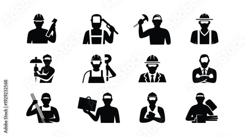 Collection of labor day black silhouette icons featuring various workers with tools and protective gear on white background for design and decoration