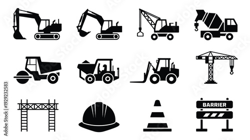 Construction icons set including excavator crane dump truck and safety gear on white background for labor day or industry theme