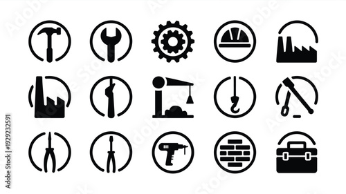 Set of black silhouette icons for labor day featuring various tools and industrial symbols in circular badges on white background